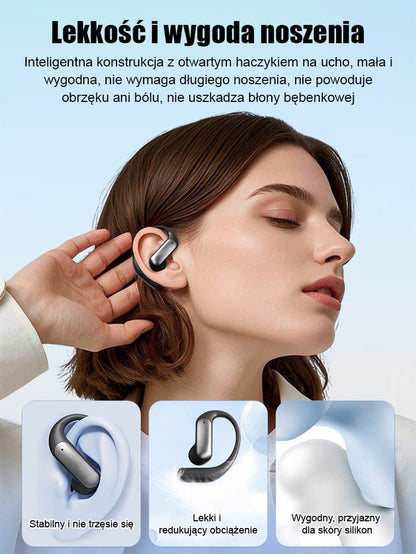 Bezprzewodowe słuchawki Bluetooth z inteligentnym tłumaczeniem AI przez przewodnictwo powietrzne.