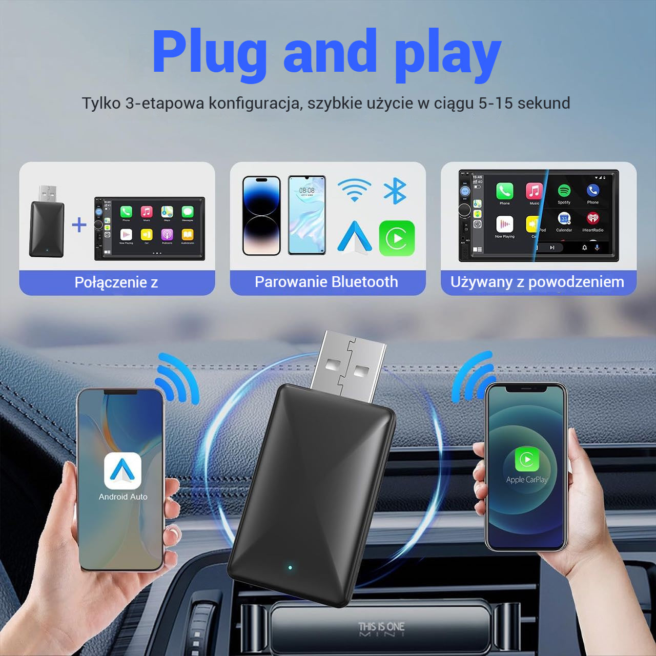 CarPlay, pamięć USB do bezprzewodowego połączenia samochodowego za pomocą Apple CarPlay i Android Auto